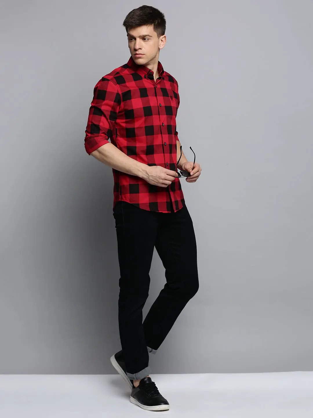 Men's Spread Collar Checked Red Shirt