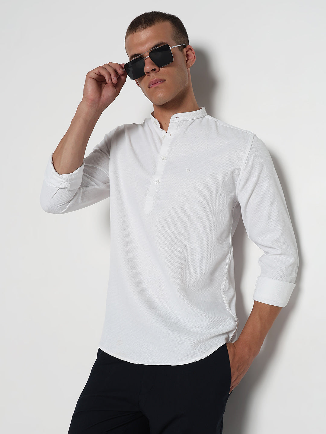 Men's White Mandarin Collar Slim Fit Shirt