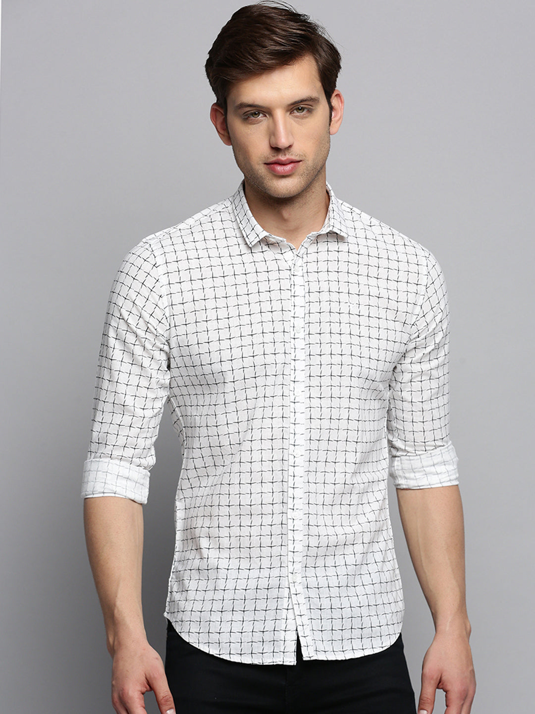 Men Spread Collar Printed White Shirt