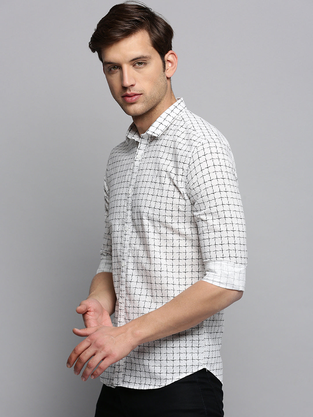 Men Spread Collar Printed White Shirt