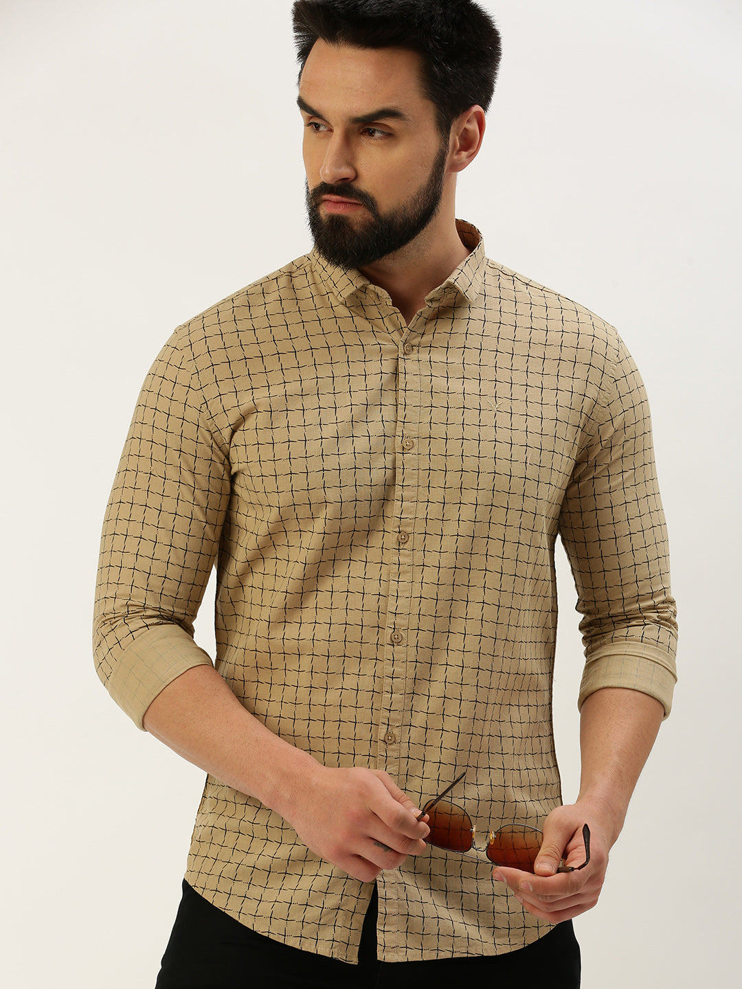 Men's Spread Collar Printed Khaki Shirt