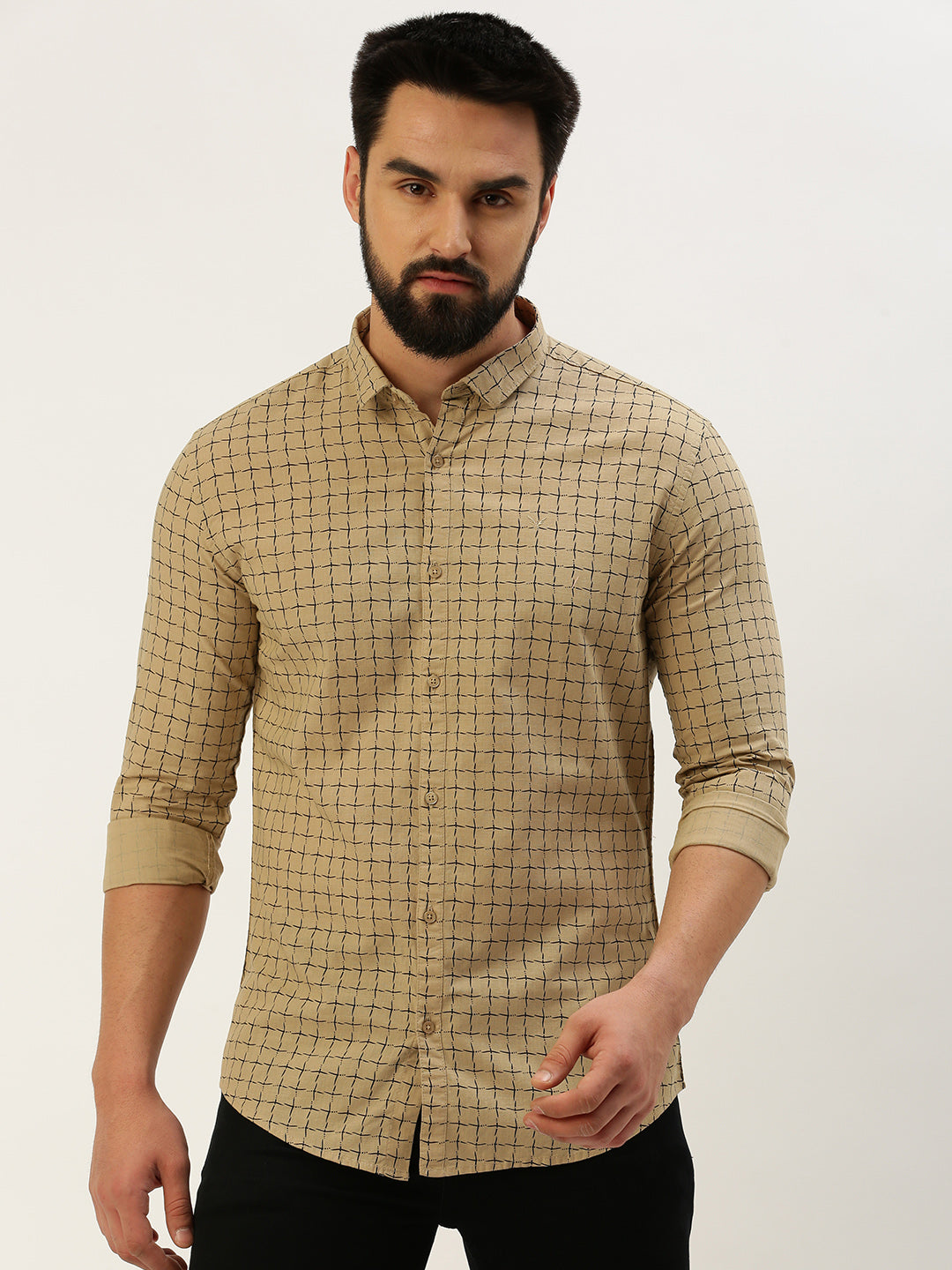 Men's Spread Collar Printed Khaki Shirt
