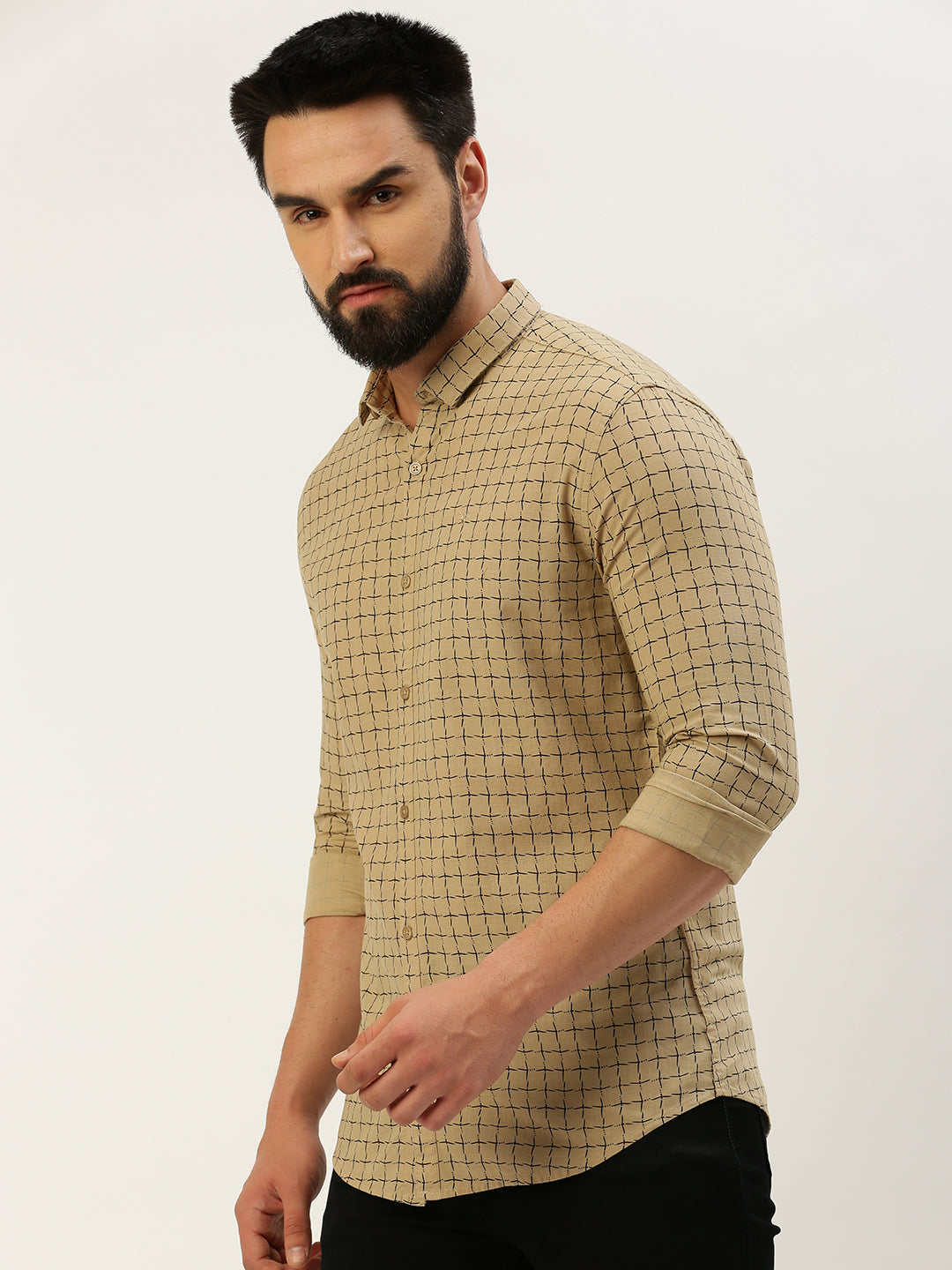 Men's Spread Collar Printed Khaki Shirt