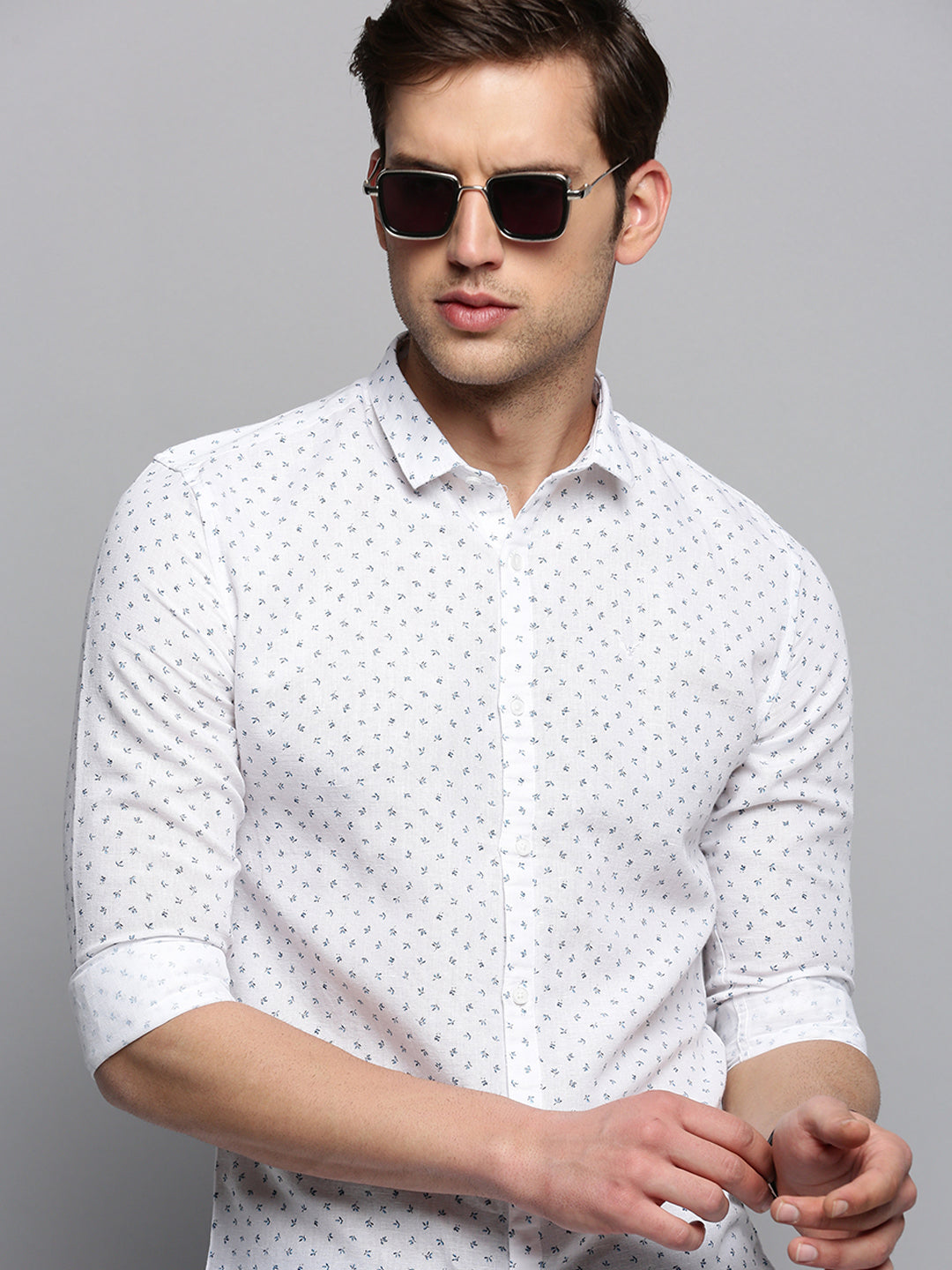 Men Spread Collar Printed White Shirt