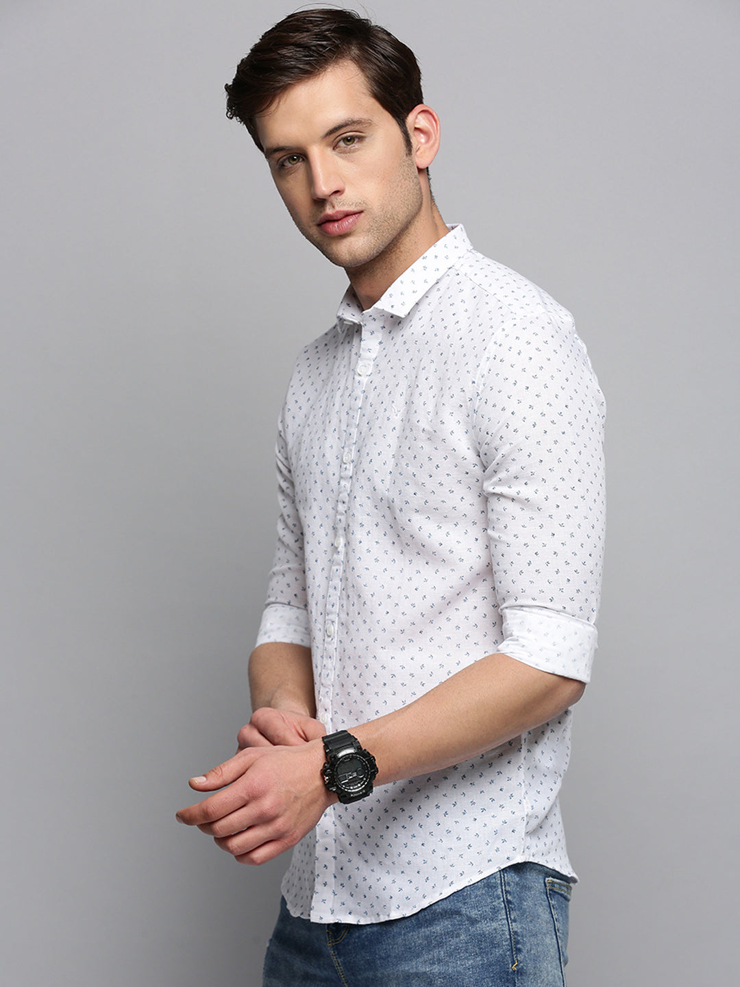 Men Spread Collar Printed White Shirt