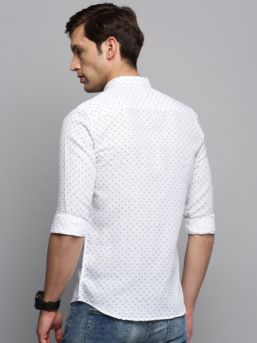 Men Spread Collar Printed White Shirt