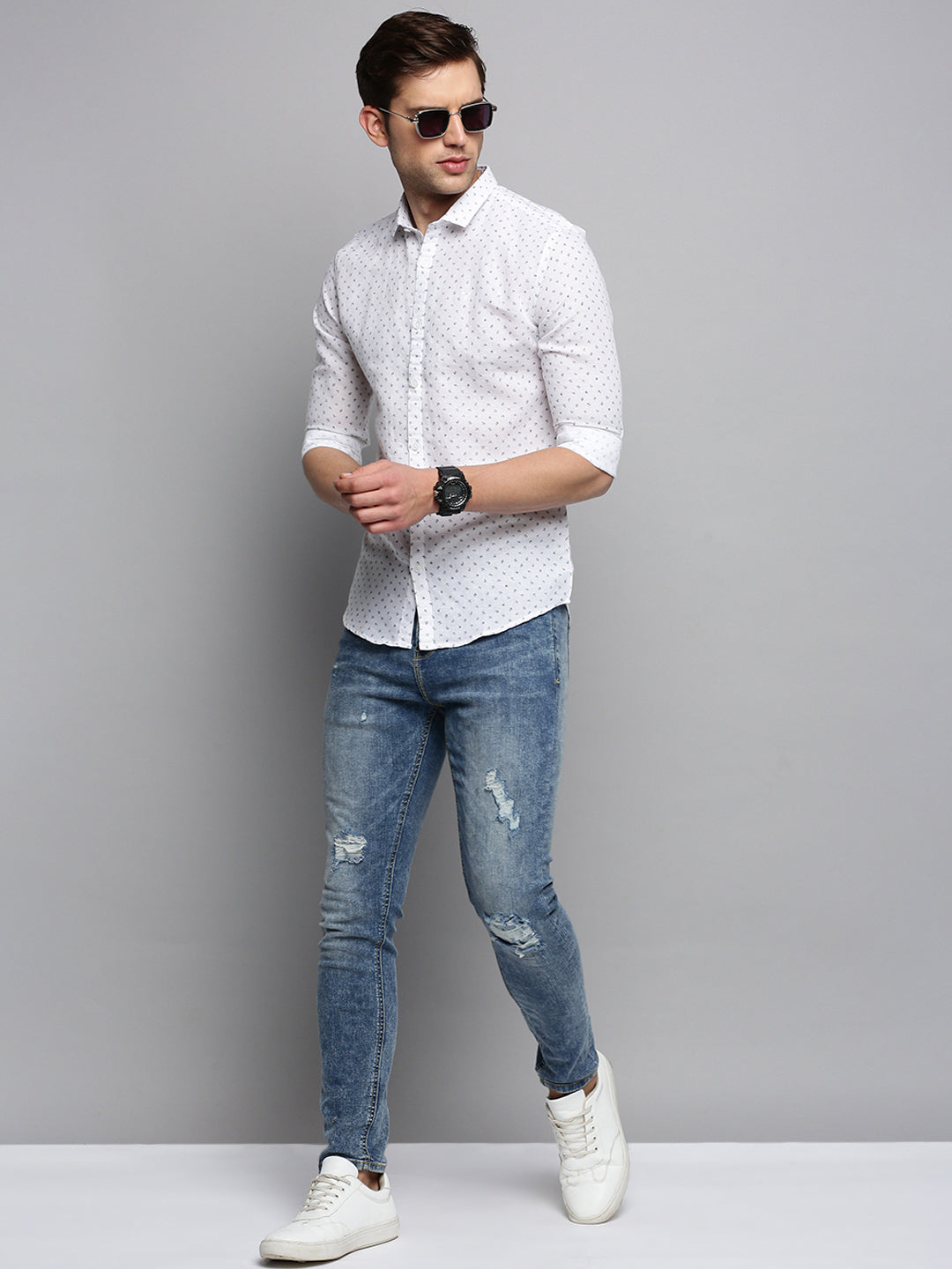 Men Spread Collar Printed White Shirt