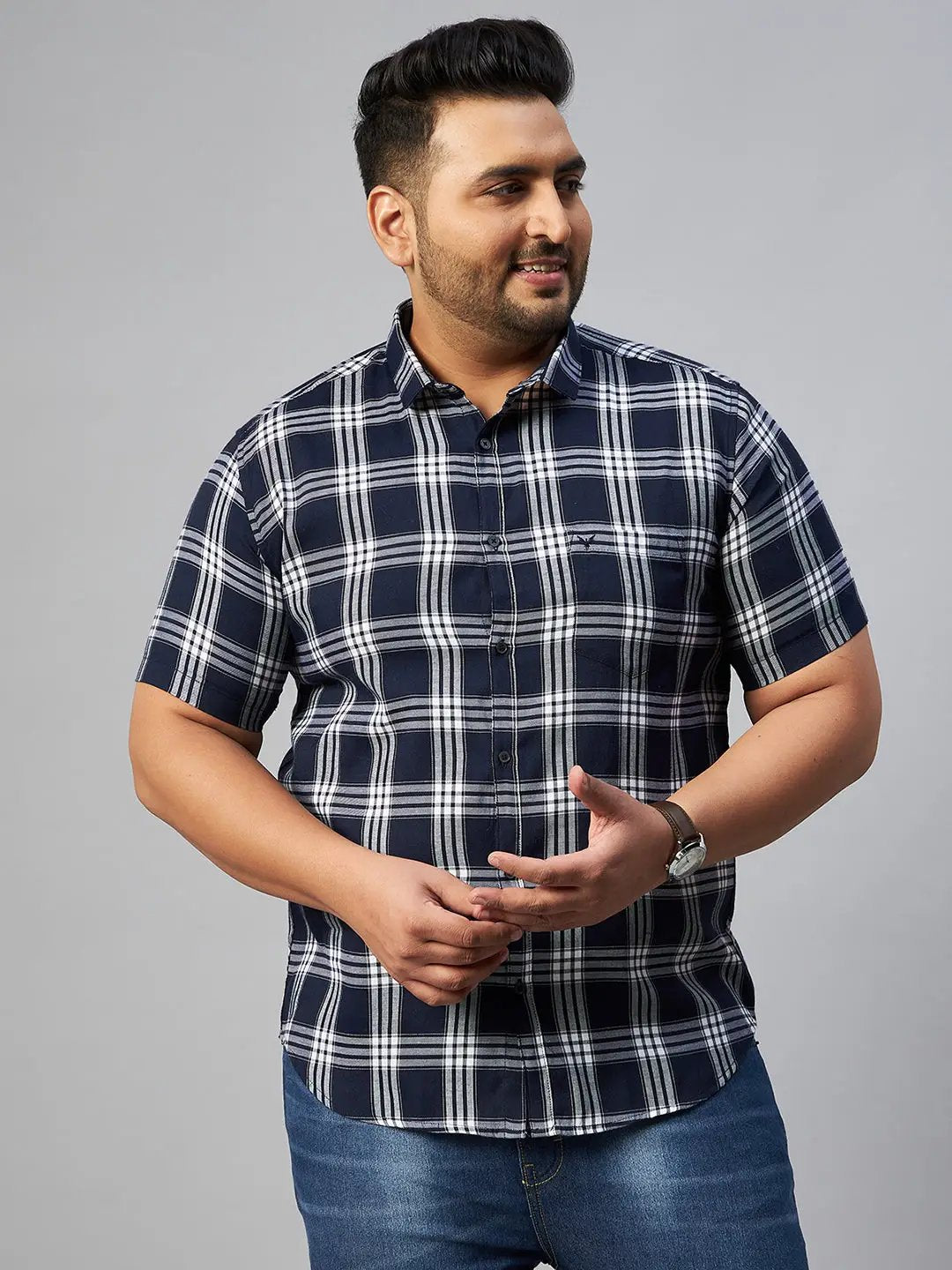 Men's Navy Blue Checked Spread Collar Casual Shirt