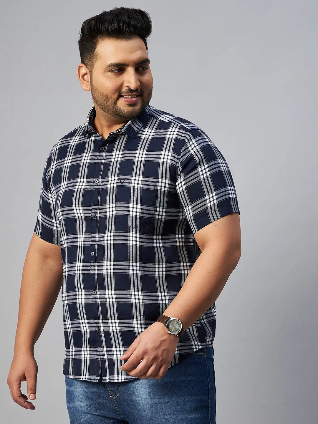 Men's Navy Blue Checked Spread Collar Casual Shirt