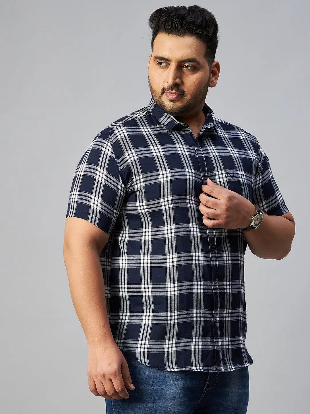 Men's Navy Blue Checked Spread Collar Casual Shirt