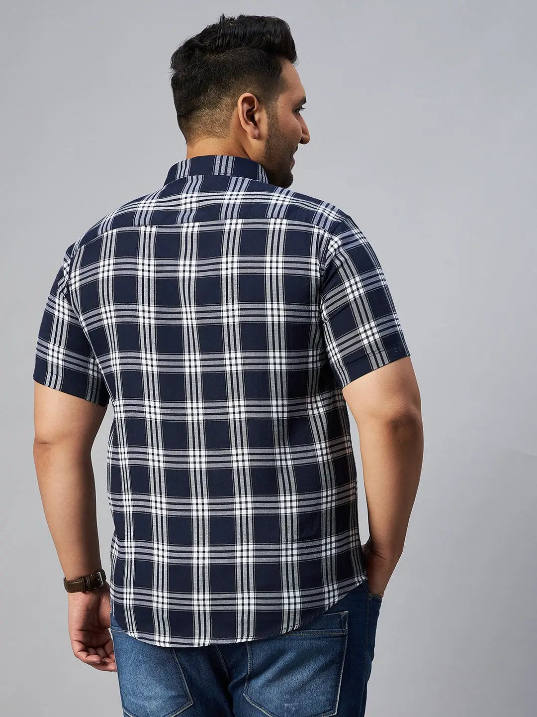 Men's Navy Blue Checked Spread Collar Casual Shirt
