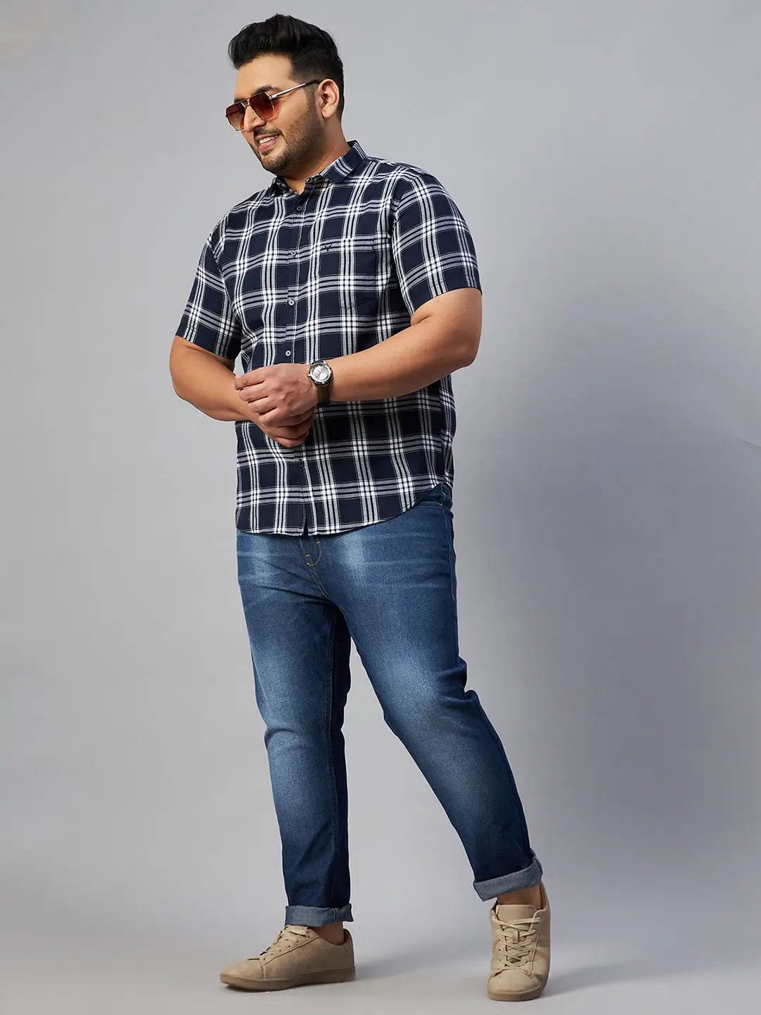 Men's Navy Blue Checked Spread Collar Casual Shirt