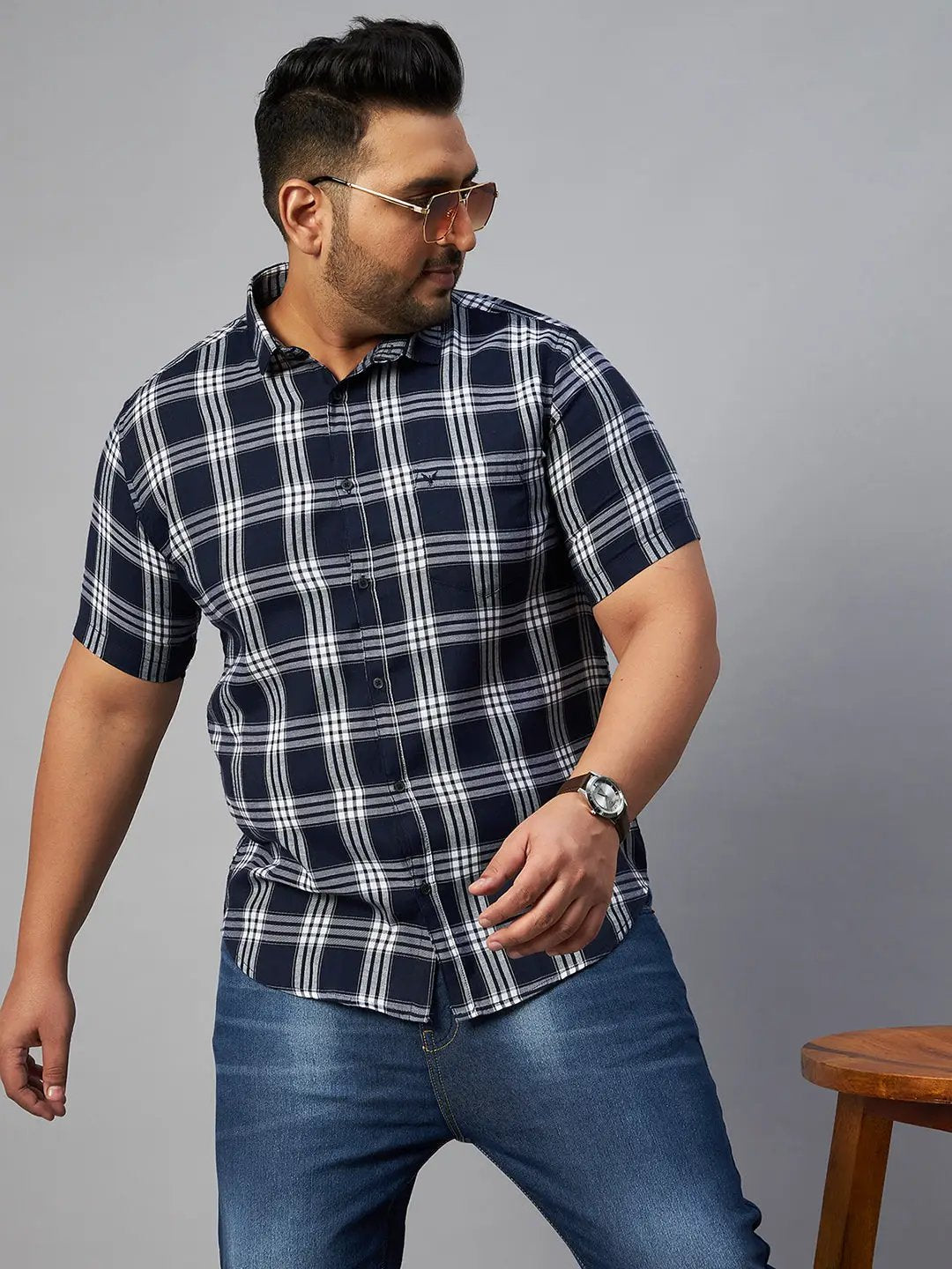 Men's Navy Blue Checked Spread Collar Casual Shirt