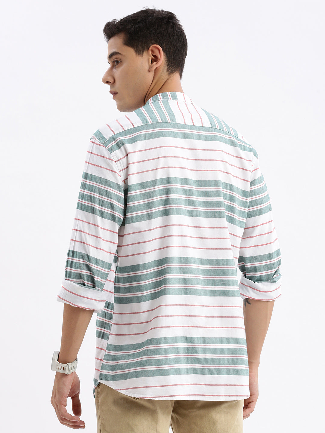 Men Mandarin Collar Striped Slim Fit Green Shirt