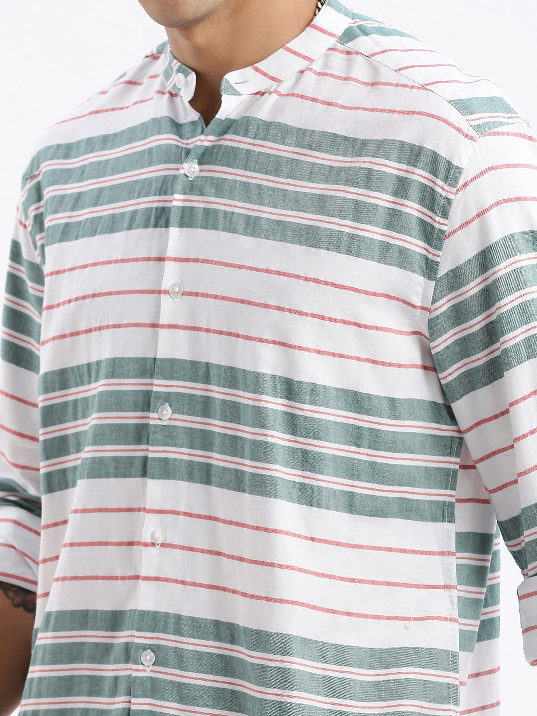 Men Mandarin Collar Striped Slim Fit Green Shirt