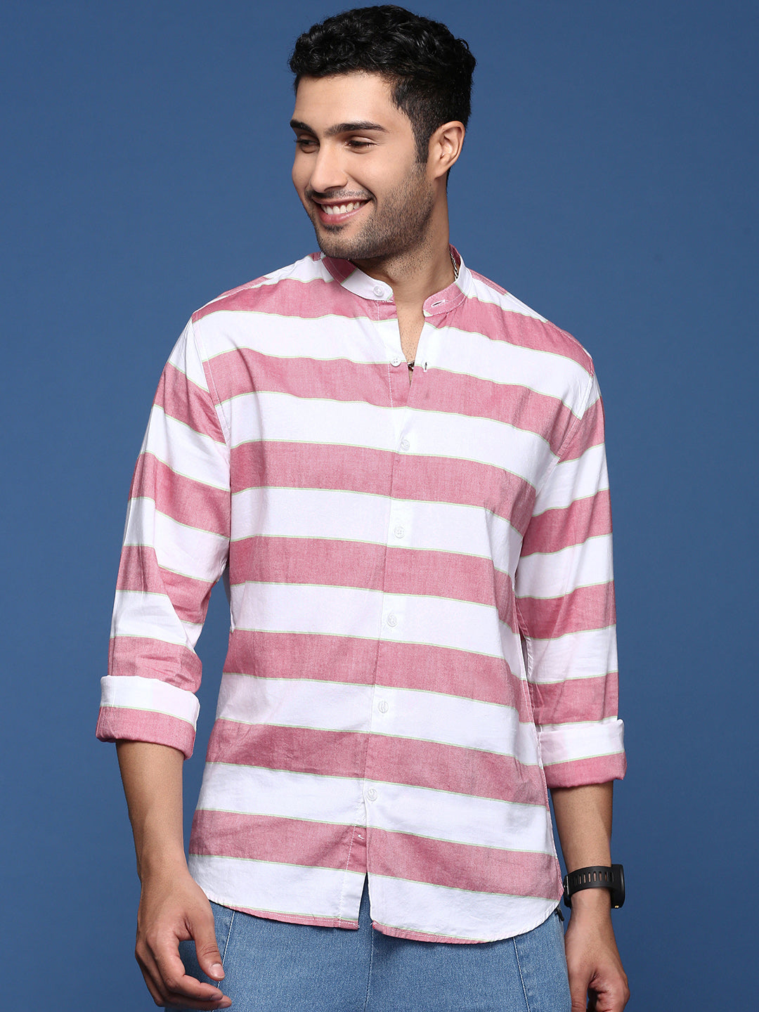 Men Mandarin Collar Striped Peach Slim Fit Shirt