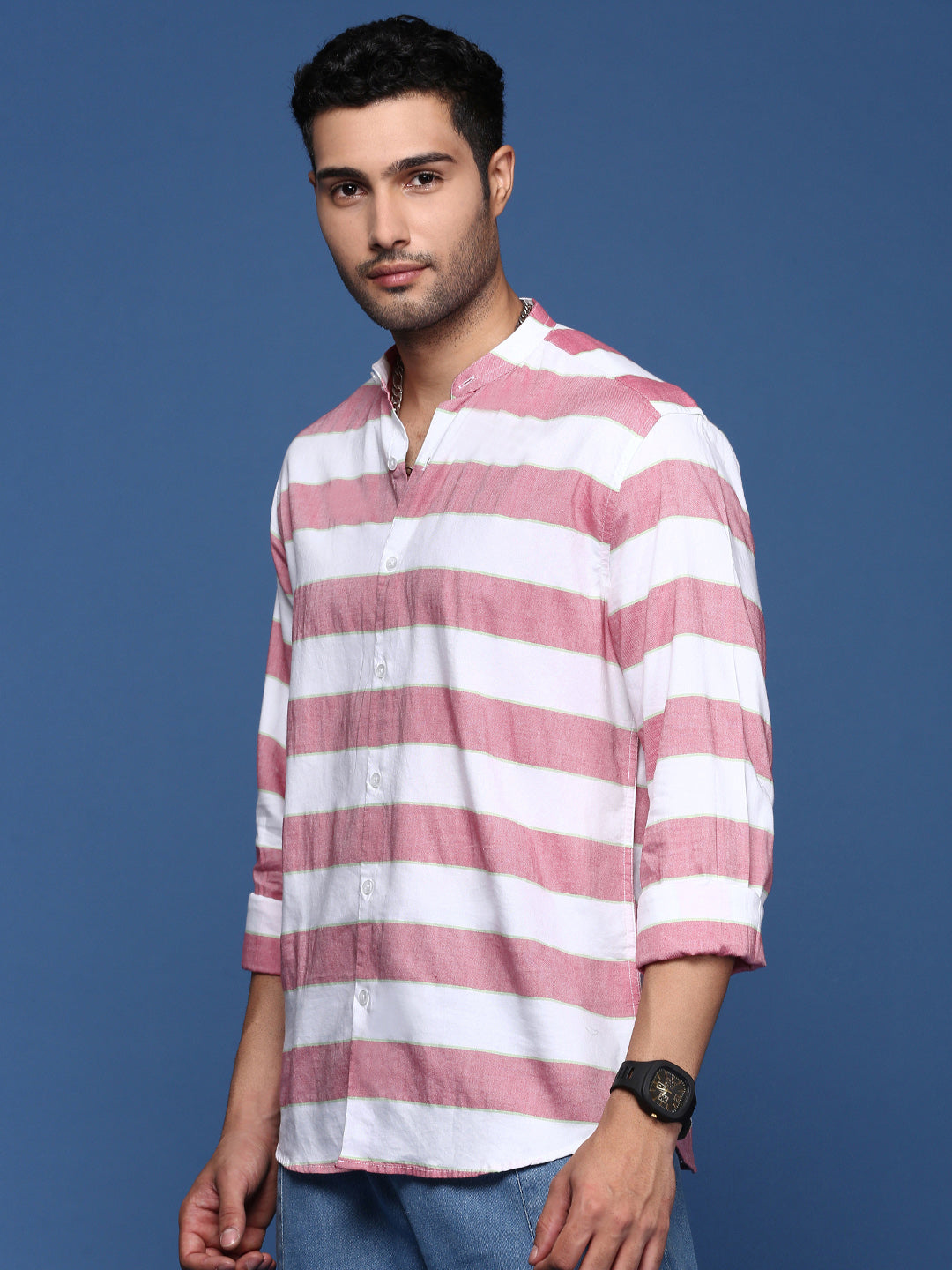 Men Mandarin Collar Striped Peach Slim Fit Shirt