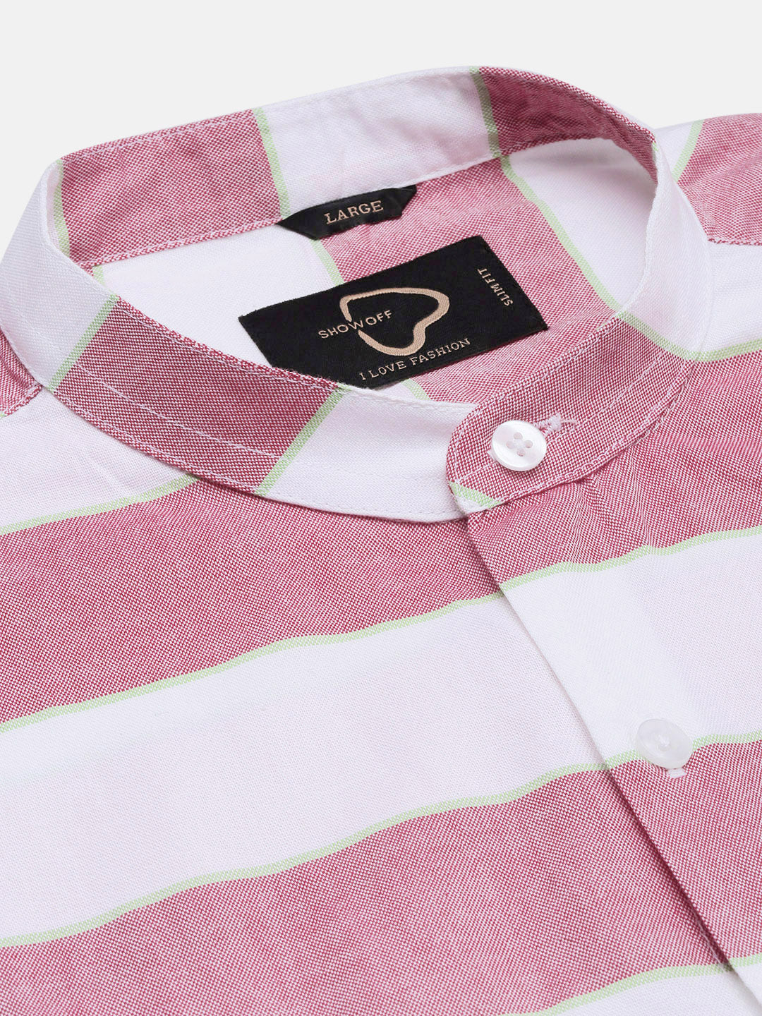 Men Mandarin Collar Striped Peach Slim Fit Shirt