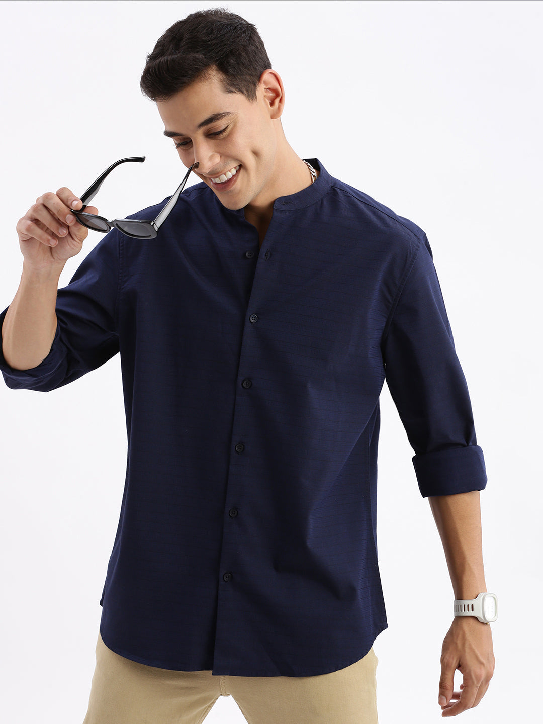 Men Mandarin Collar Solid Slim Fit Navy Blue Shirt