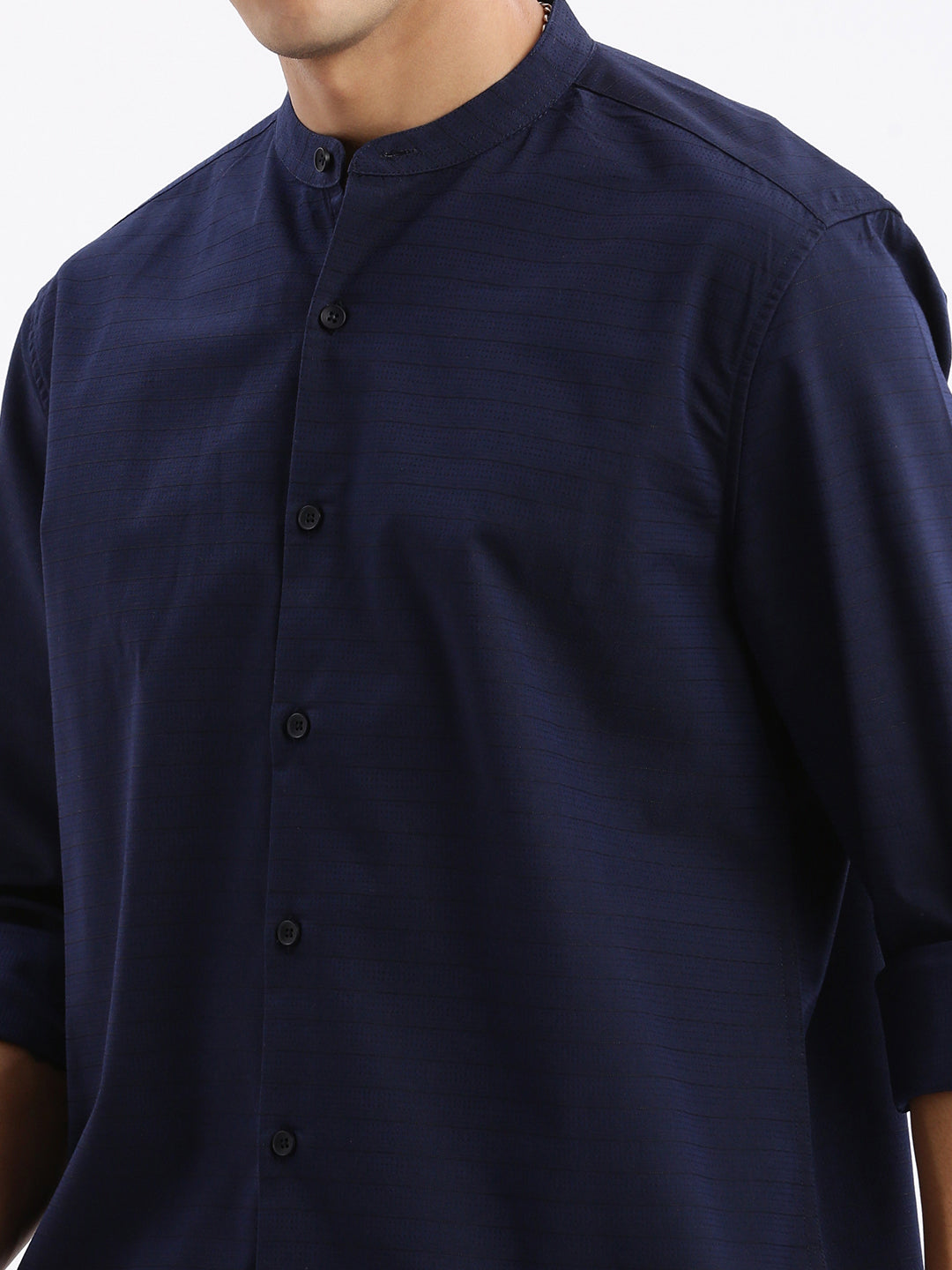 Men Mandarin Collar Solid Slim Fit Navy Blue Shirt