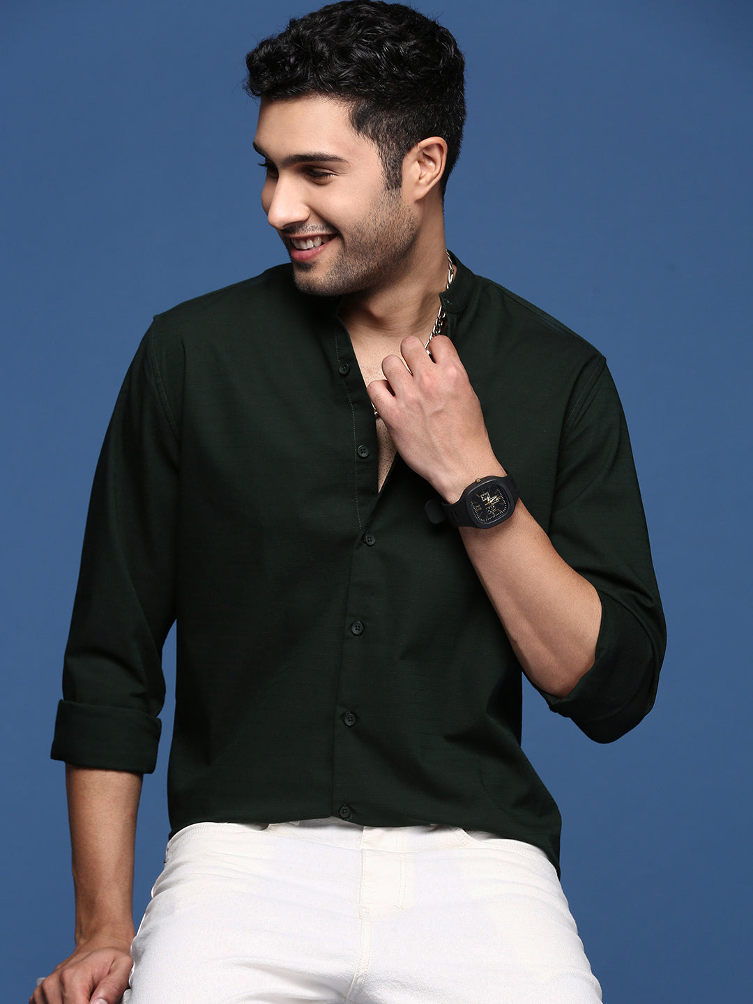 Men Mandarin Collar Solid Green Slim Fit Shirt