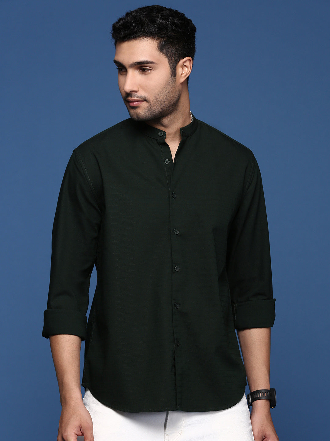 Men Mandarin Collar Solid Green Slim Fit Shirt