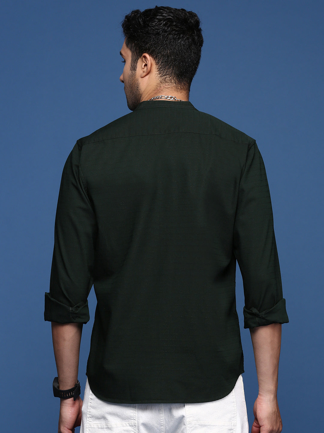 Men Mandarin Collar Solid Green Slim Fit Shirt