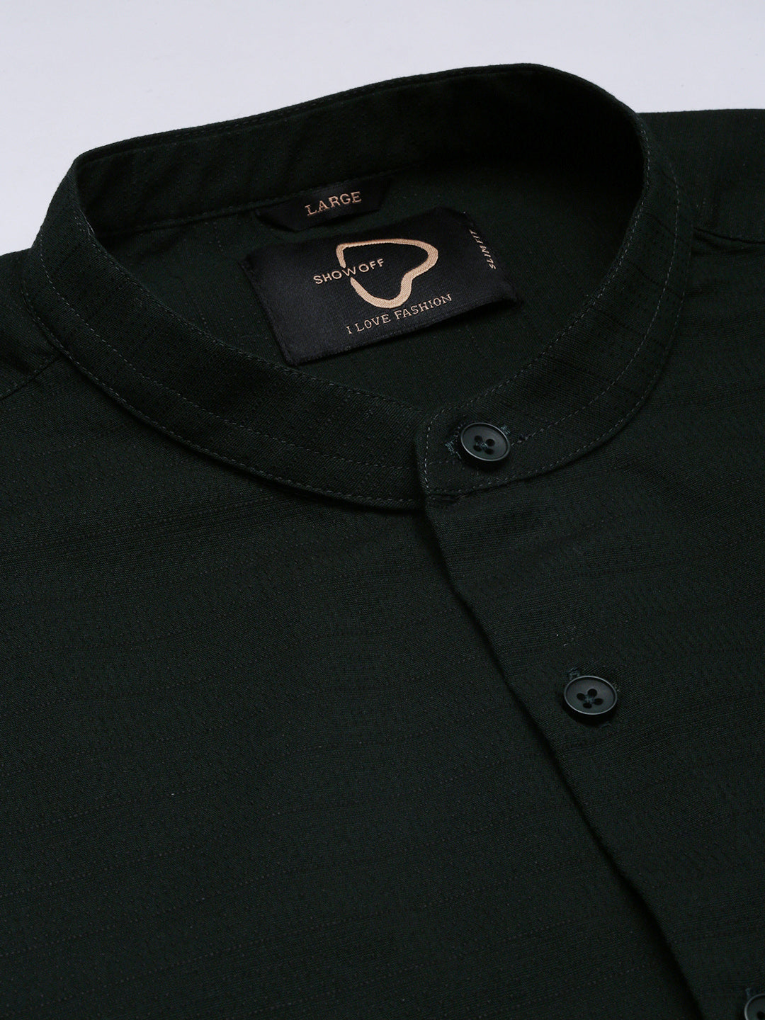 Men Mandarin Collar Solid Green Slim Fit Shirt