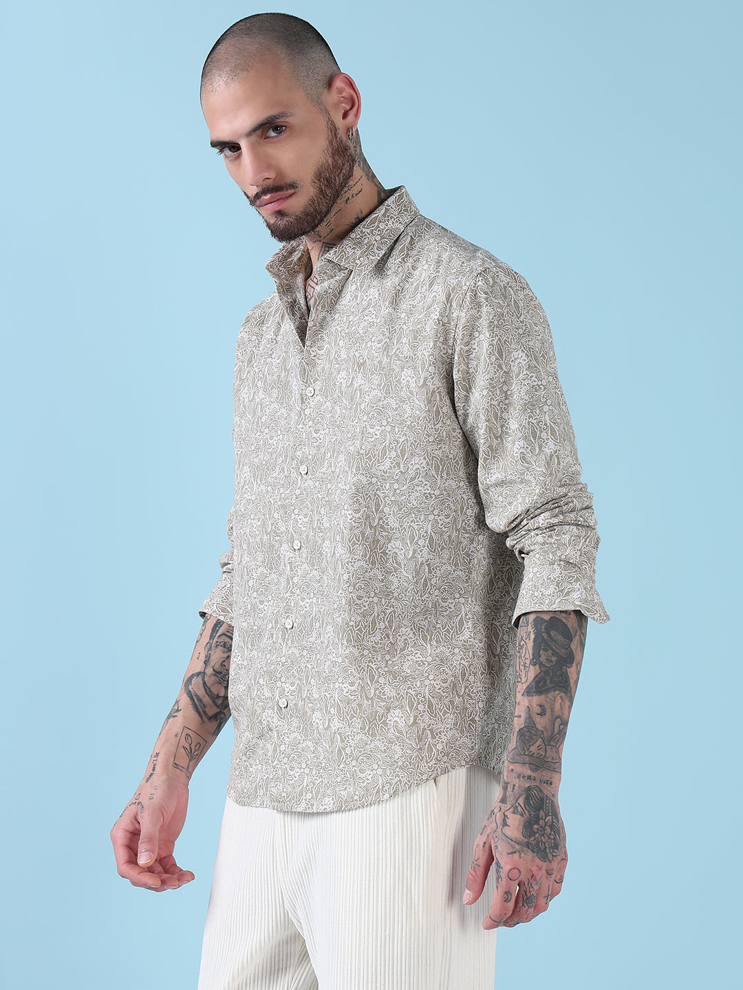 Men's Beige Floral Printed Slim Fit Shirt