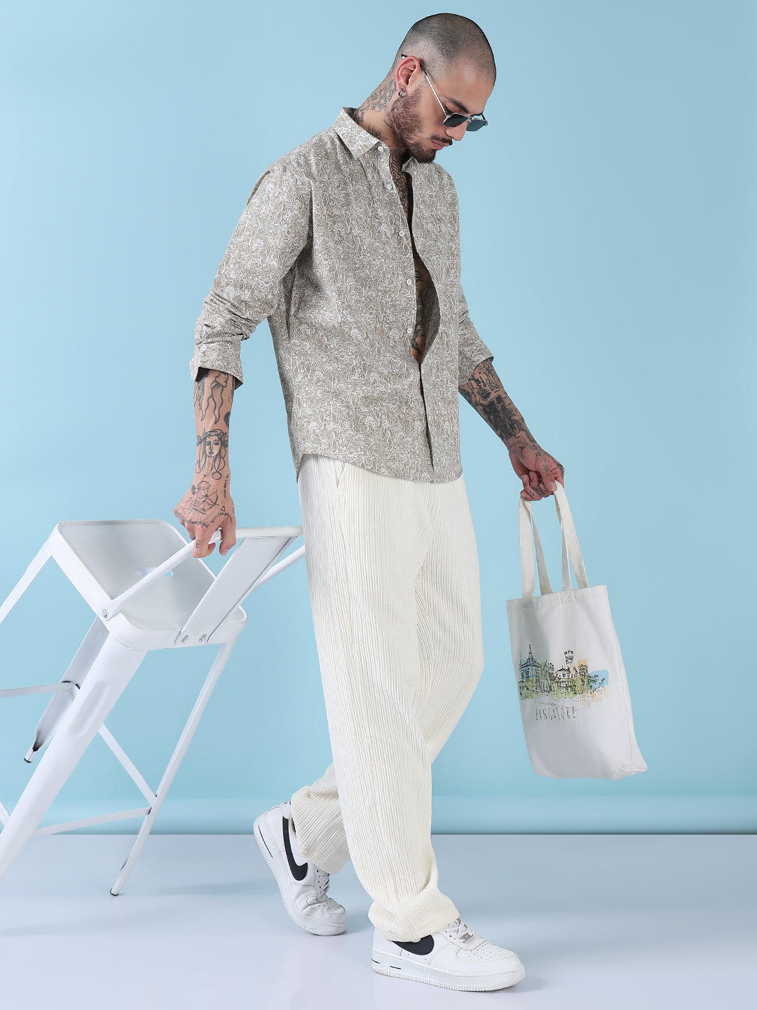 Men's Beige Floral Printed Slim Fit Shirt