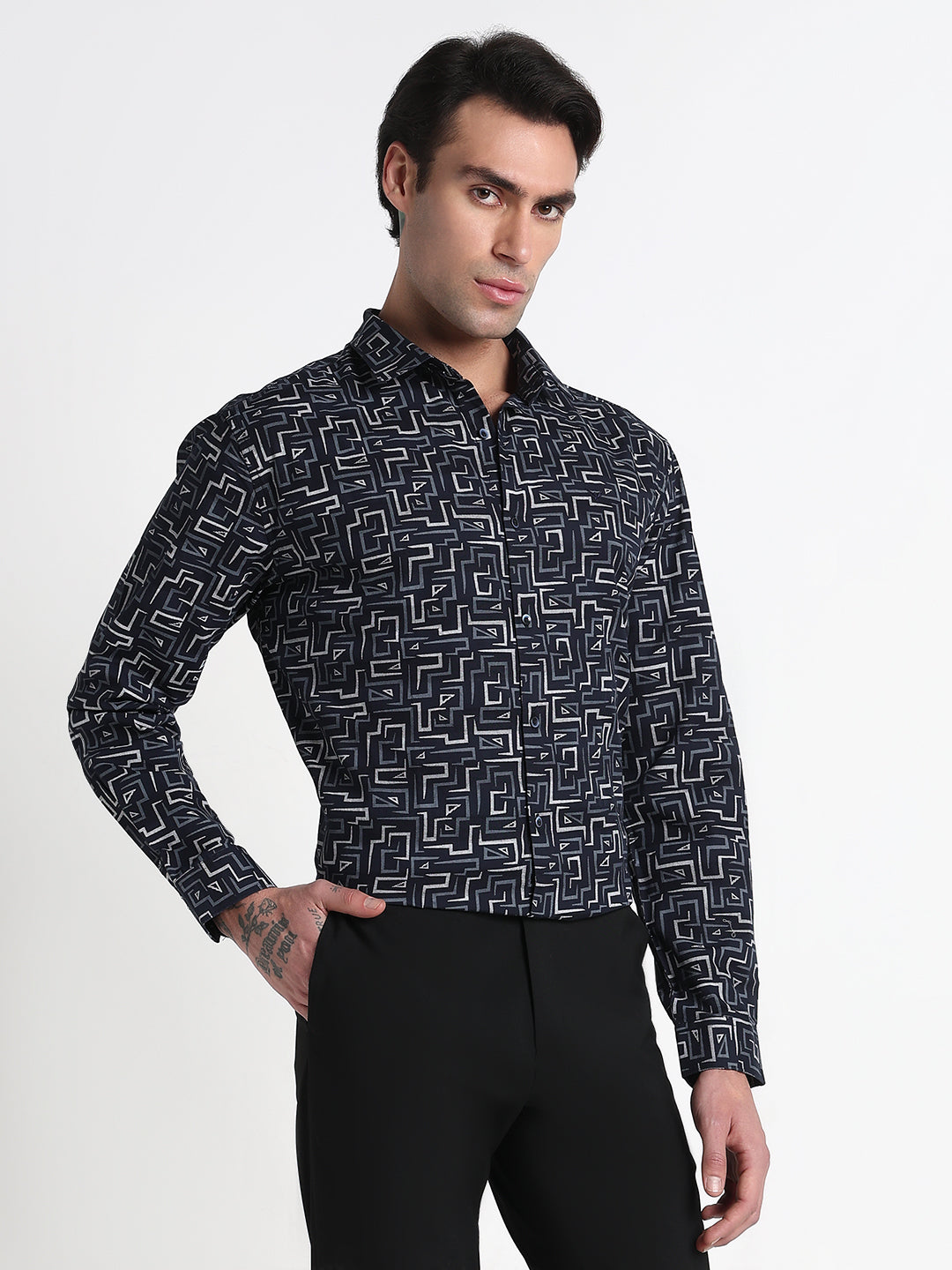 Men's Navy Blue Geometric Slim Fit Formal Shirt