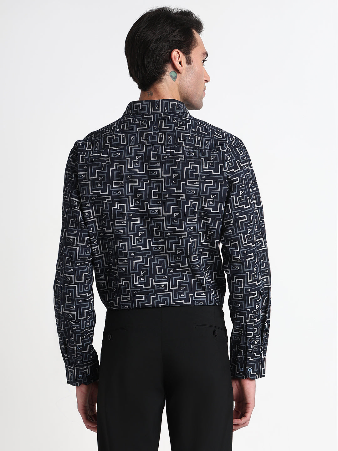 Men's Navy Blue Geometric Slim Fit Formal Shirt