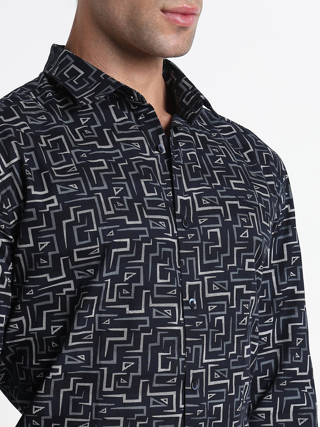 Men's Navy Blue Geometric Slim Fit Formal Shirt