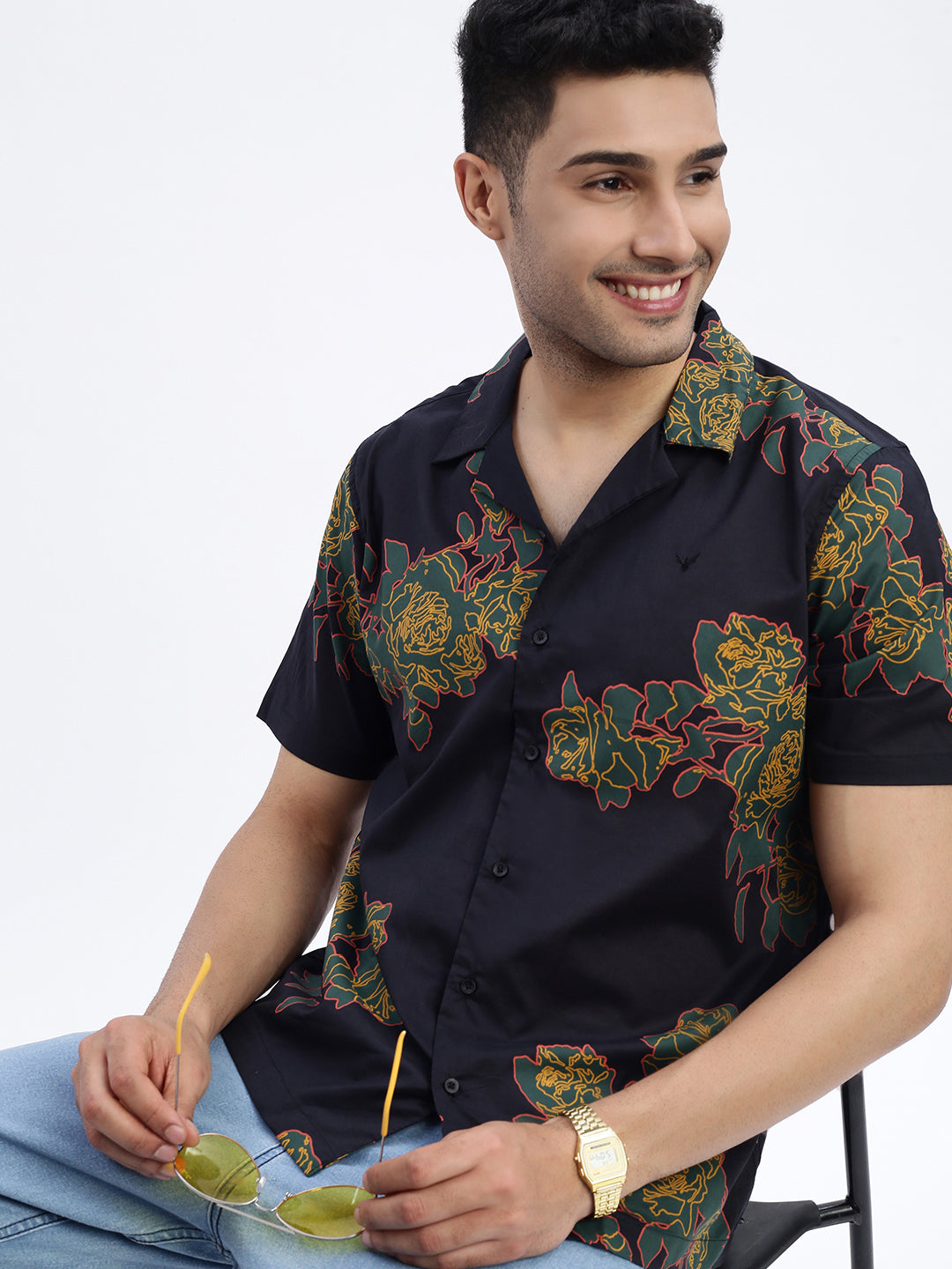 Men Black Floral Slim Fit Shirt