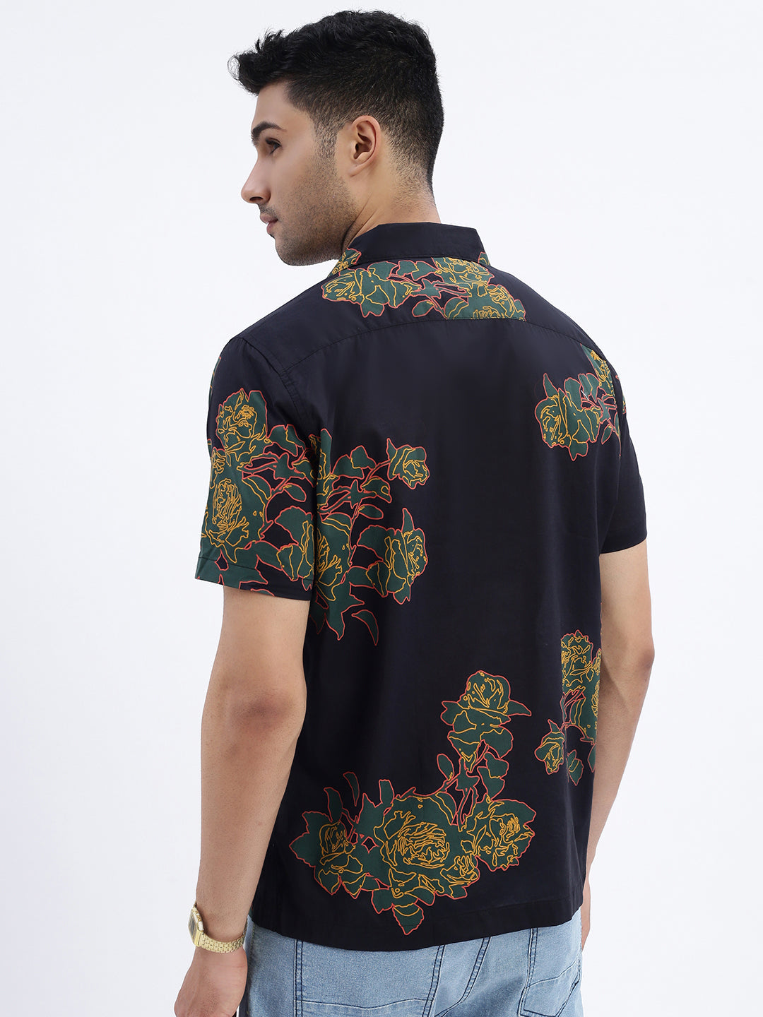 Men Black Floral Slim Fit Shirt