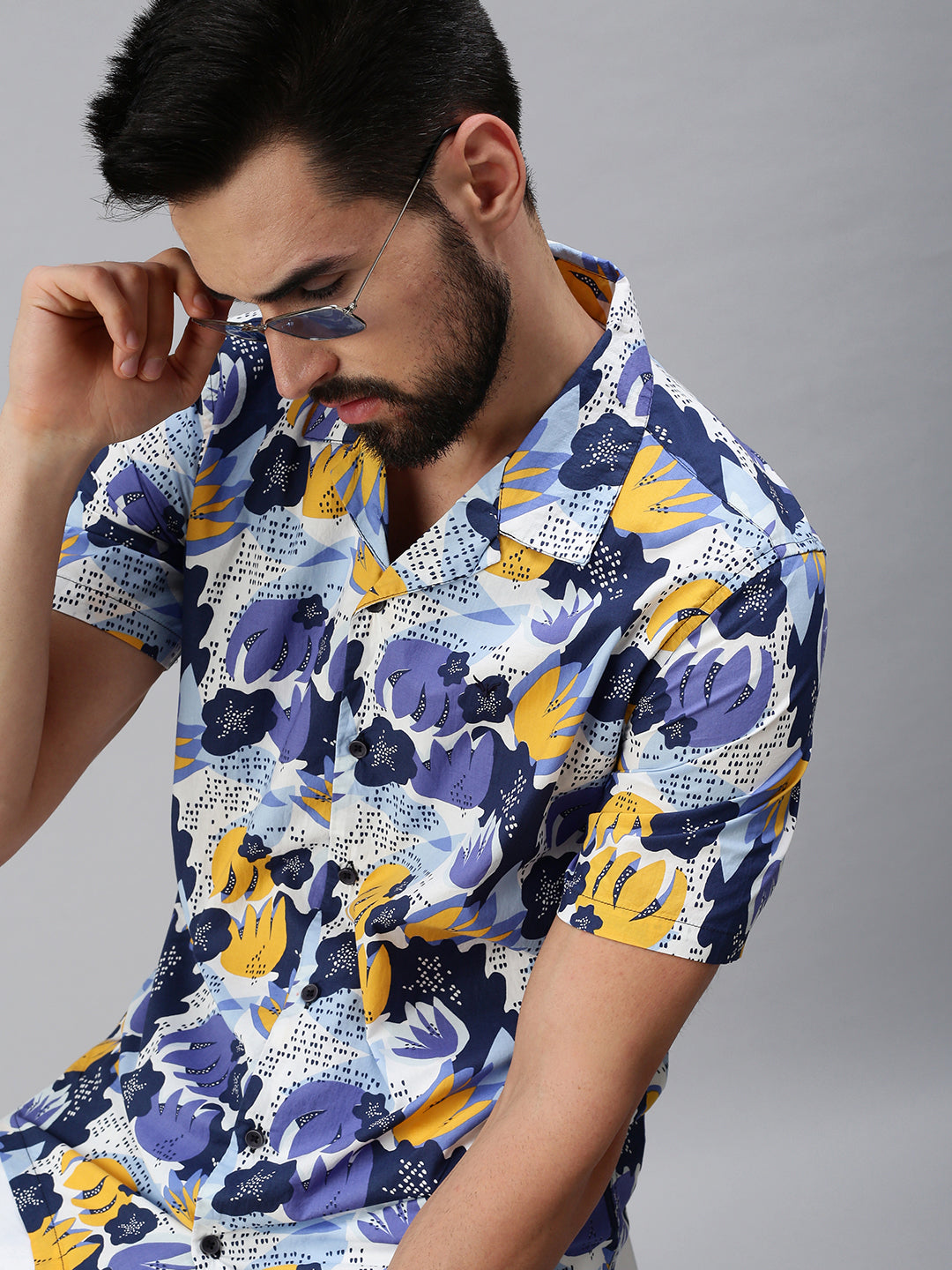 Men Cuban Collar Floral Blue Shirt