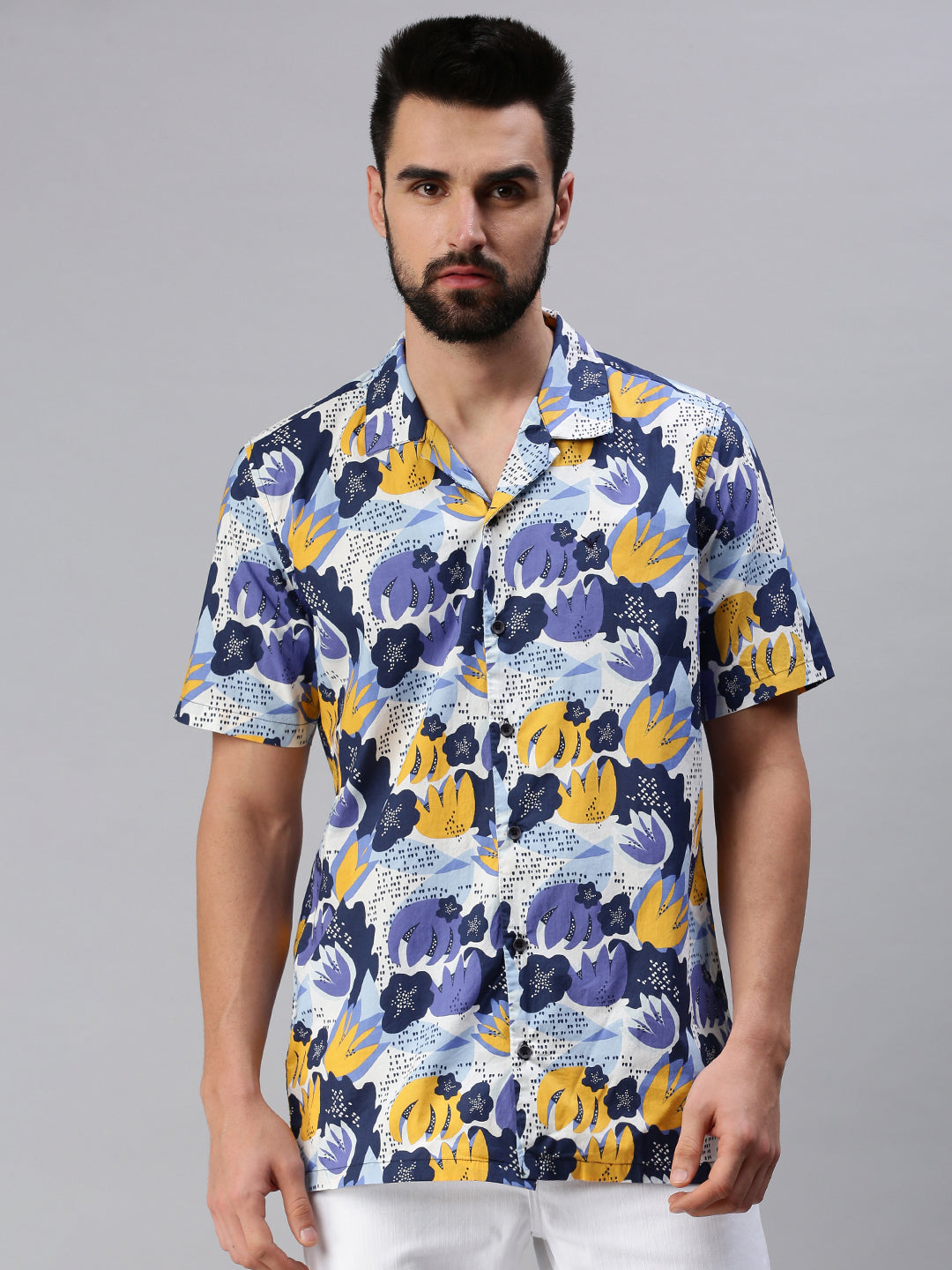 Men Cuban Collar Floral Blue Shirt