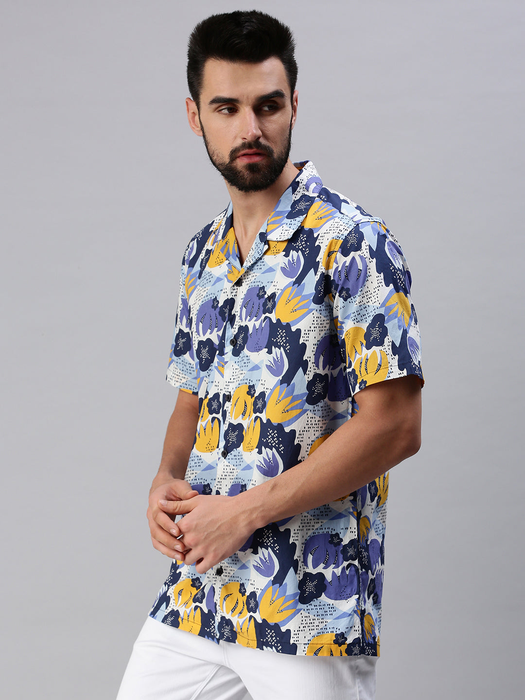 Men Cuban Collar Floral Blue Shirt