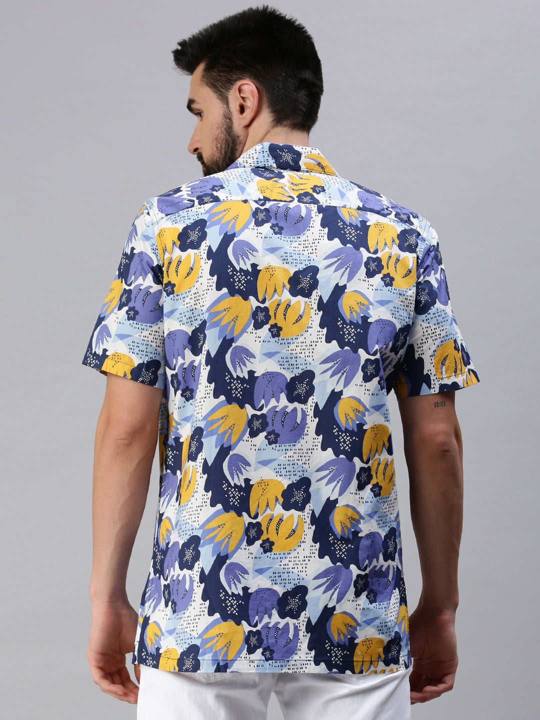 Men Cuban Collar Floral Blue Shirt