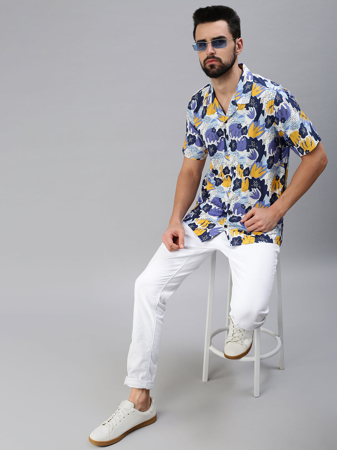 Men Cuban Collar Floral Blue Shirt