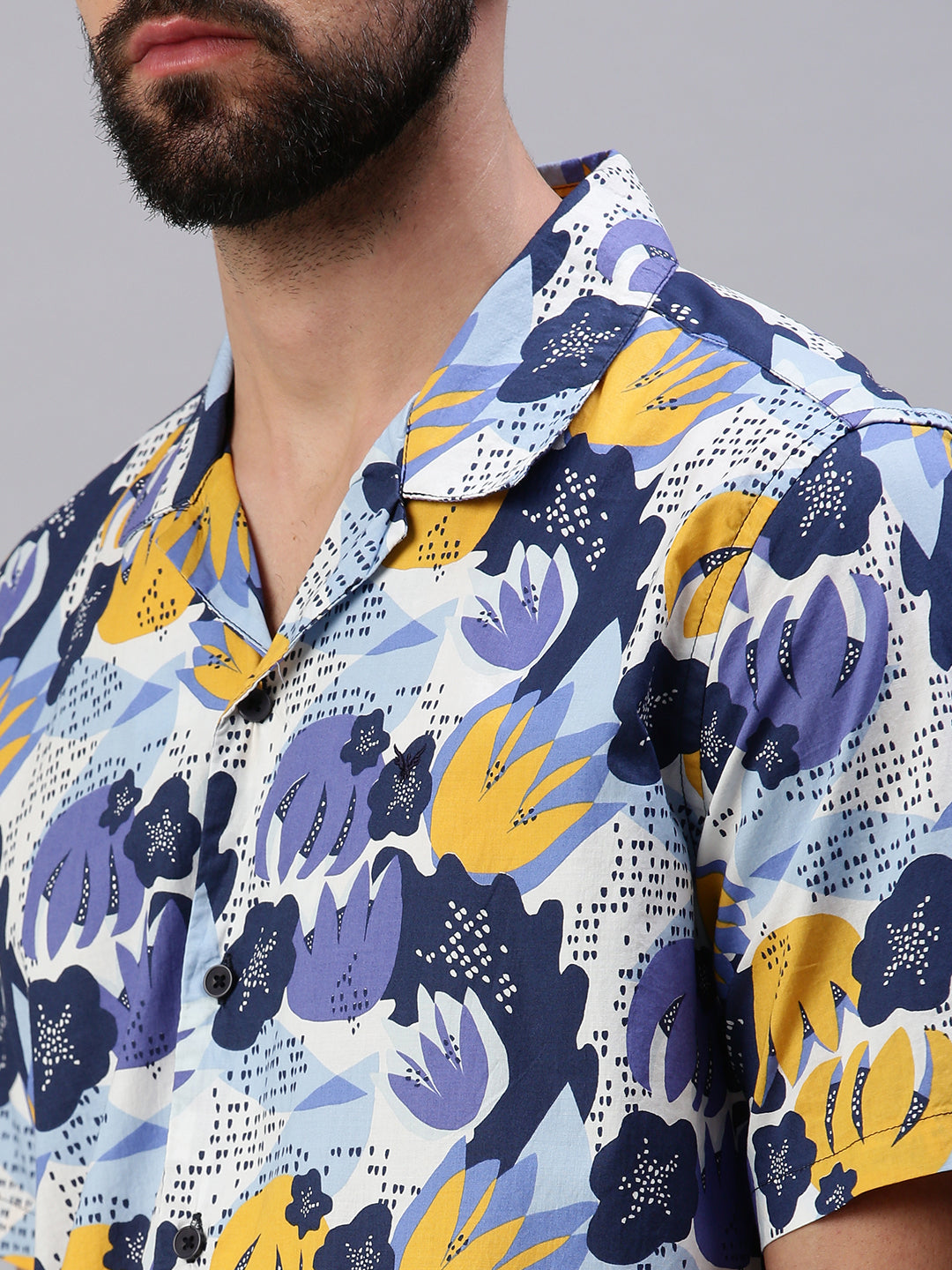 Men Cuban Collar Floral Blue Shirt