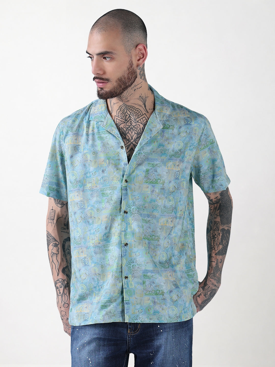 Men's Green Abstract Cuban Collar Relaxed Fit Shirt