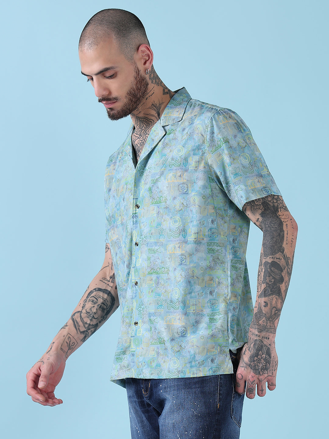 Men's Green Abstract Cuban Collar Relaxed Fit Shirt