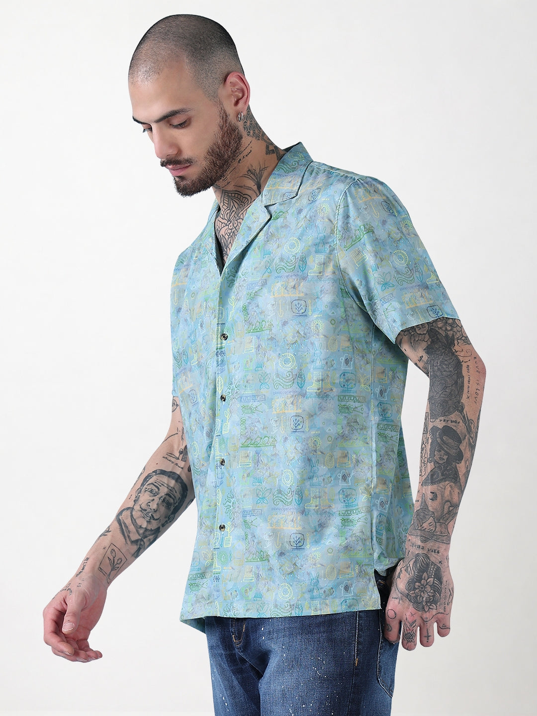 Men's Green Abstract Cuban Collar Relaxed Fit Shirt