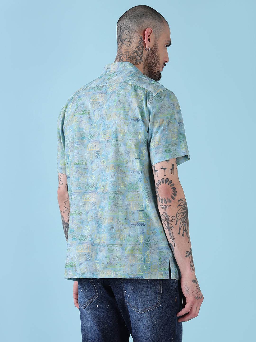 Men's Green Abstract Cuban Collar Relaxed Fit Shirt