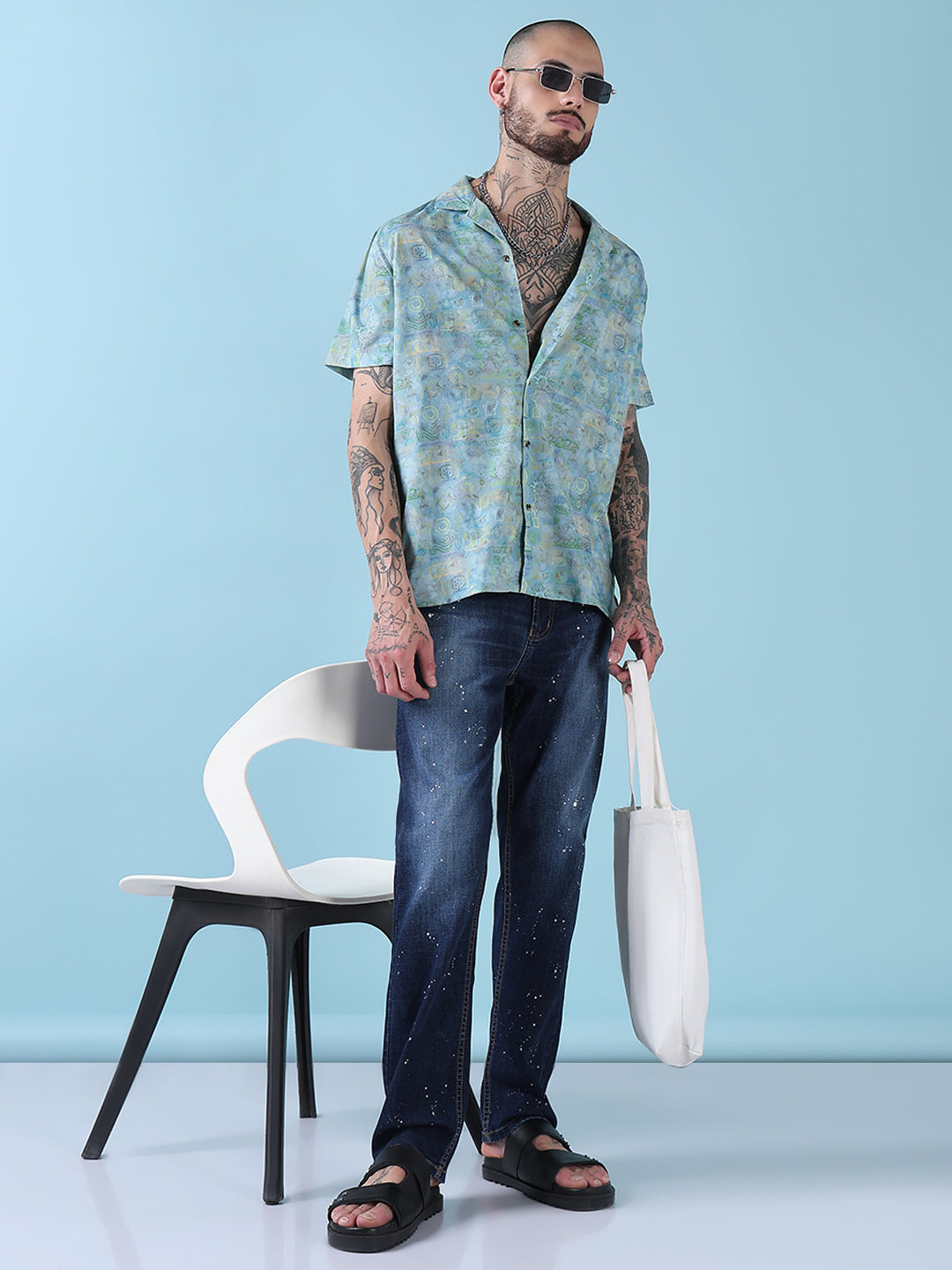 Men's Green Abstract Cuban Collar Relaxed Fit Shirt