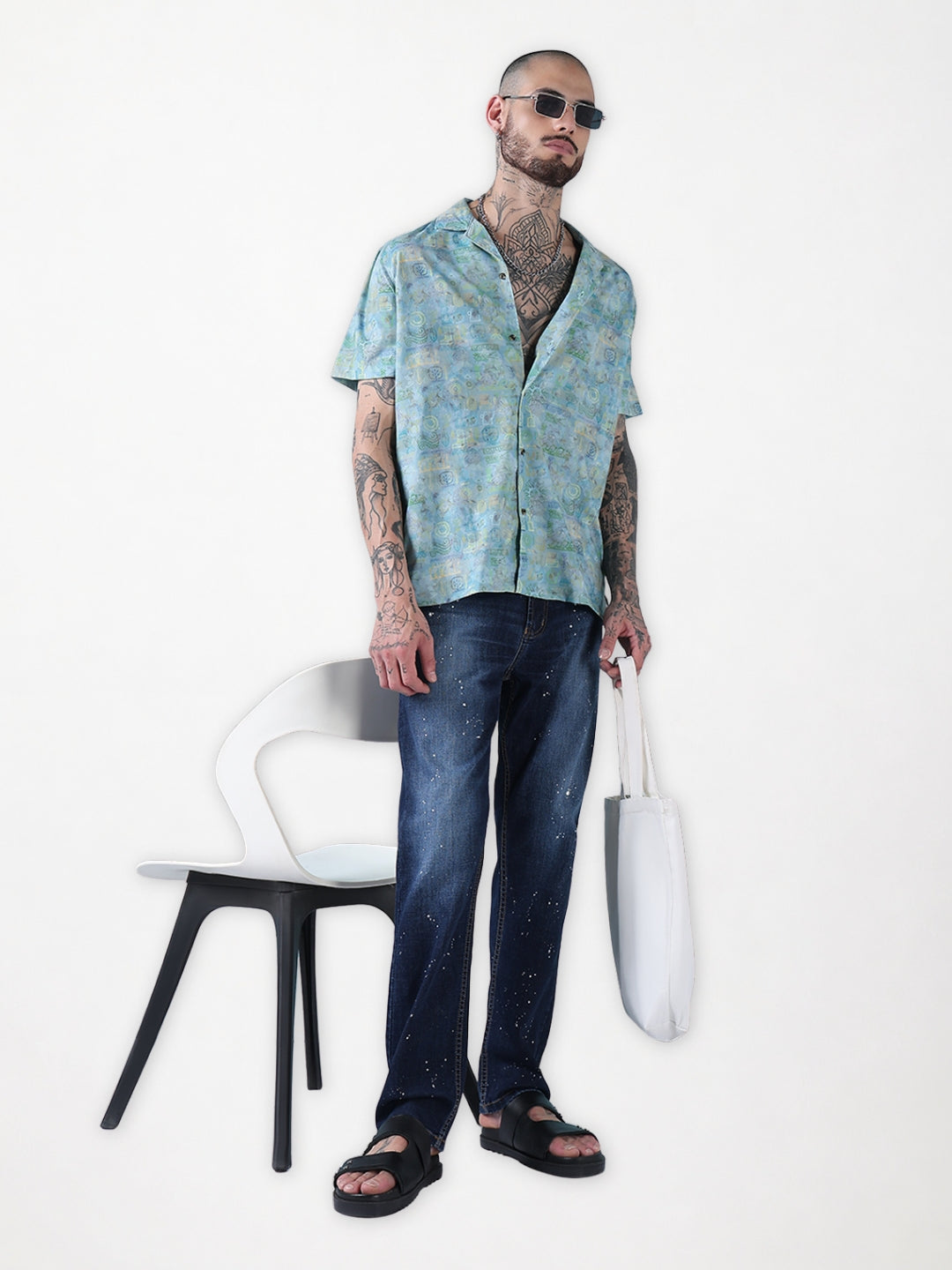 Men's Green Abstract Cuban Collar Relaxed Fit Shirt