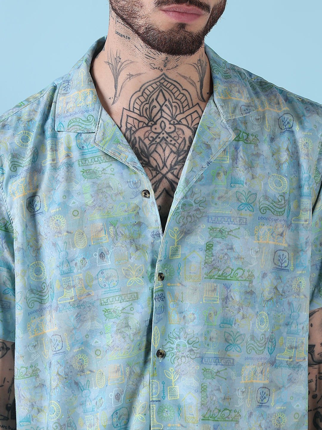 Men's Green Abstract Cuban Collar Relaxed Fit Shirt