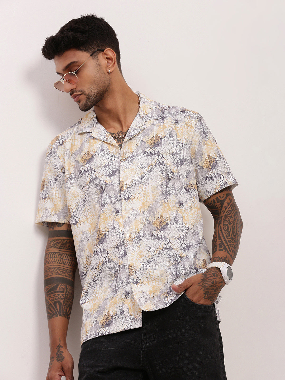 Men Yellow Graphic Cuban Collar Shirt