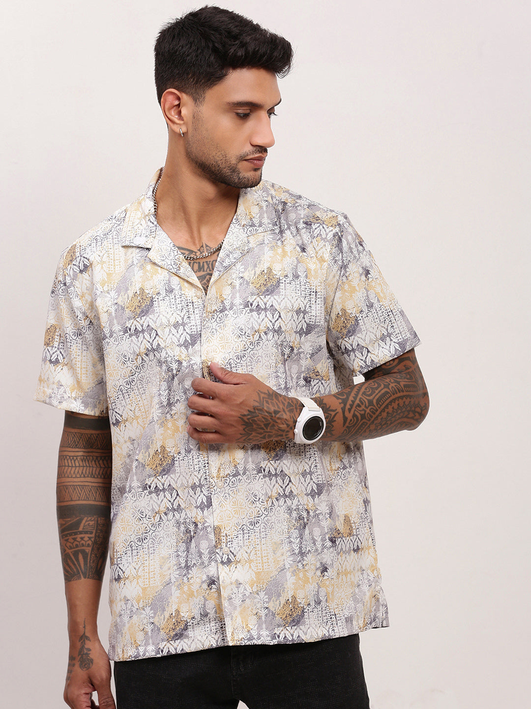 Men Yellow Graphic Cuban Collar Shirt